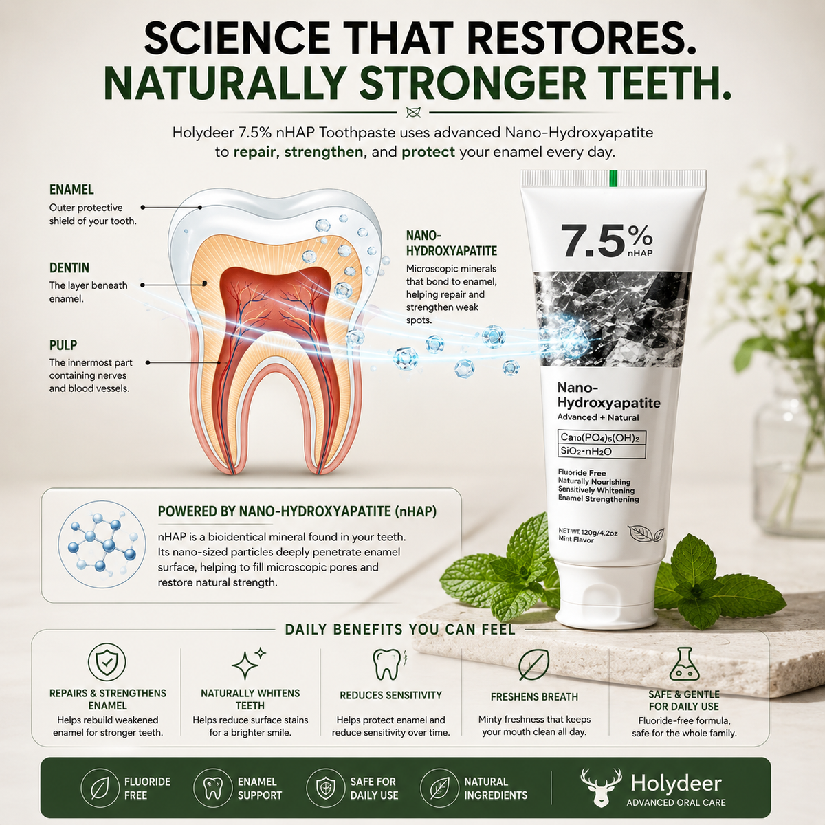 Holydeer Recovery Toothpaste | 7.5% Nano-Hydroxyapatite For Enamel Repair & Whitening - 120Gram